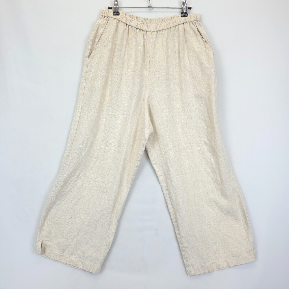 T. Garment Linen Pants Women L Oatmeal Pocket Pull On Elastic Waist Lagenlook